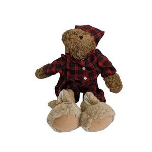 Bear in Red Plaid Nightshirt and Hat Bunny Slippers 15.5" Fuzzy soft fabric body